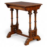 Charles Bevan for Marsh and Jones of Leeds. A Gothic Revival walnut side table with a burr walnut top - Thumbnail 1