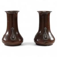 A. E. Jones – Pair of Arts & Crafts Hand-hammered Copper Vases with Silver Teardrop Decoration