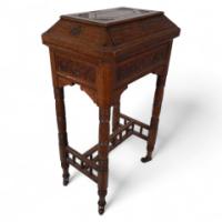 Bruce Talbert, attributed. An Aesthetic Movement Gothic Revival Oak Needlework Table & Box