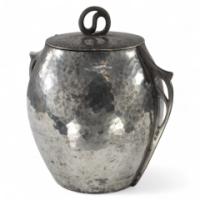 William Hutton and Sons, made for Liberty and Co. An Arts and Crafts hand hammered pewter biscuit barrel - Thumbnail 1