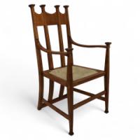 George Montague Ellwood. Made by J. S. Henry. A Pair of Matching Oak Dining Chairs with Throne Like Capped Tops