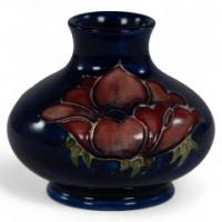 William Moorcroft. A Small Anemone Blue Vase Signed H M Made in England - Thumbnail 1