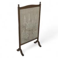Selwyn Image for the Century Guild. A Rare Arts & Crafts Oak & Floral Embroidery Fire Screen with Stylized Foxgloves