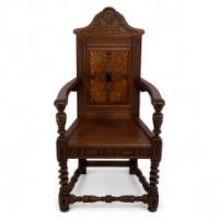 E. W. Godwin, attributed. For William Watt (probably). An Oak Shakespeare Armchair with Carved & Marquetry Decoration