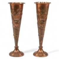 A pair of Arts and Crafts copper vases decorated with wise old owls in pine trees - Thumbnail 1