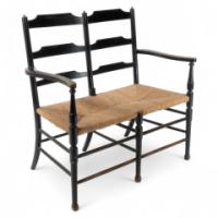 Morris & Co. A rare Arts and Crafts ebonized ash rush seat ladder back two-seater settee - Thumbnail 1