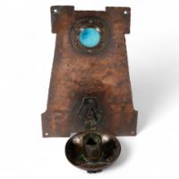 Richard Rathbone, attributed. An Arts & Crafts 'a Frame' Copper Wall Sconce with Riveted Ruskin Jewel