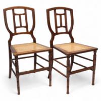 H. W. Batley, attributed. Jas Shoolbred a Pair of Aesthetic Movement Cane Seat Beech Side Chairs