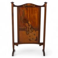 Shapland & Petter. An Arts & Crafts Firescreen with a Beautiful Peacock Inlaid - Thumbnail 1