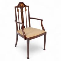 Liberty & Co., Arts & Crafts Mahogany Armchair with Fruitwood Floral Inlaid Decor