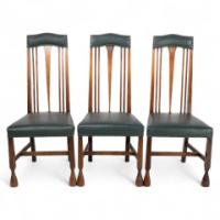 Liberty & Co., attributed. Set of 3 Dining Chairs with Voysey Style Inlaid Pewter Heart