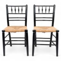 Philip Webb, attributed. Morris & Co., Aesthetic Movement Pair Rush Seat Sussex Chairs