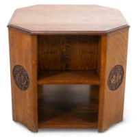 Heals. An Arts & Crafts Octagonal Oak Bookcase/side Table with Carved Decoration - Thumbnail 1