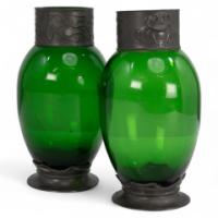 Osiris Pewter Pair of Art Nouveau Green Glass Vases with Frog Decor