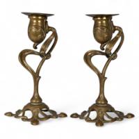 A Nice Quality Pair of English Art Nouveau Candlesticks with Flowing Organic Decor