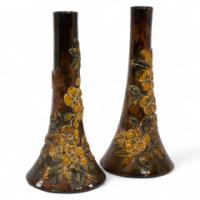 Longpark Pottery Torquay. A Pair of Rustic Ceramic Vases with Applied Floral Decoration - Thumbnail 1