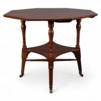 Jas Shoolbred, attributed. An Aesthetic Movement Octagonal Walnut Side Table with Central Shelf