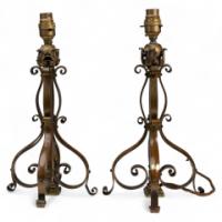 Pair of Arts and Crafts Brass Table Lamps with Leaf Collars c.1910 - Thumbnail 1