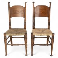 William Birch for Liberty & Co., A Pair of Arts & Crafts Rush Seat Oak Chairs