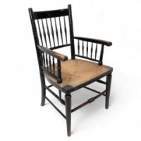 Liberty & Co., attributed. Style of Morris & Co., An Aesthetic Movement Rush Seat Armchair