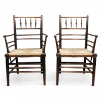 Philip Webb, attributed. Morris & Co., Rare Pair of Large Sussex Armchairs, Fully Restored - Thumbnail 1