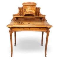 Emile Galle. An Art Nouveau Walnut Writing Desk with Exceptional Inlaid Scenery