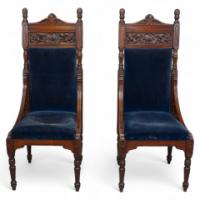 Bruce Talbert, attributed. Probably for Gillows of Lancaster. A Pair of Tall Back Throne Style Aesthetic Movement Chairs