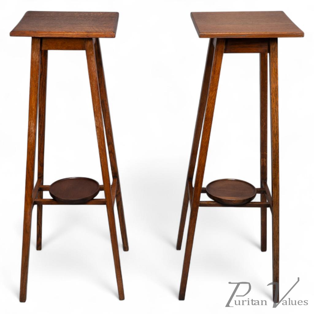 C. F. A. Voysey Attributed, Made & Retailed by Goodyers of Regent Street & New Bond Street London. Rare Pair of Simple Arts & Crafts Oak Plant Stands