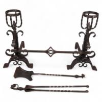 Aesthetic Movement. French. An Exceptional Pair of Hand Wrought Iron Fire Dogs