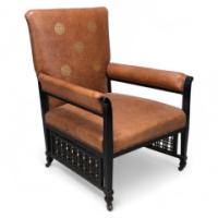 E. W. Godwin Design. attributed. An Anglo-Japanese Armchair with Slightly Curved Pagoda Shaped Arms & Fine Lattice Detailing