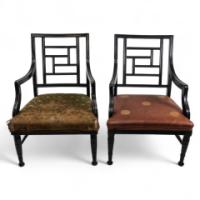 E. W. Godwin, attributed. Two Anglo-Japanese Aesthetic Movement Ebonized Armchairs