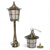 An Arts & Crafts Copper Stair Post Lantern with Matching Hall Lantern