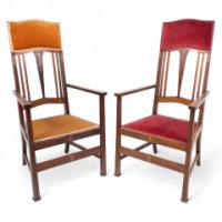 Liberty & Co., Two Arts & Crafts Mahogany Armchairs with Stylized Floral Inlays