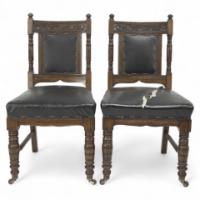 Thomas Jeckyll Style a Pair Aesthetic Movement Oak Dining Chairs with Sunflowers
