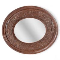 Arts and Crafts c.1900 Walnut Circular Mirror with Stylised Floral Carved Decoration - Thumbnail 1