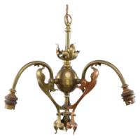 An Arts & Crafts Brass Three Arm Ceiling Light with a Flower Bud to the Top