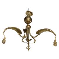 An Arts & Crafts Brass Three Arm Ceiling Light with a Central Shaped Sphere & Leaf Decoration