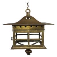 A Large Arts & Crafts Brass Lantern with a Domed Flaring Hat Pierced with Hearts