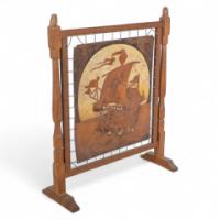 Albert Harrison Thirsk, attributed. A Carved & Adzed Oak Fire Screen with Leather Panel - Thumbnail 1
