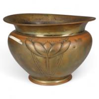 Margaret Gilmour School. A Glasgow-Style Brass Planter with Stylised Floral Detail - Thumbnail 1