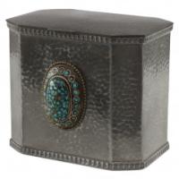 W a Perry an Arts & Crafts Hand Hammered Pewter Box with an Oval Turquoise Jewel