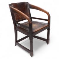 Henry Van De Velde Style of an Arts & Crafts Oak Armchair Original Leather - Thumbnail 1