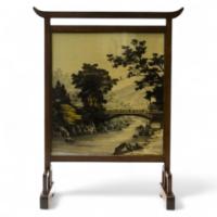 E W Godwin (attributed). An Anglo Japanese fire screen with Japanese silk - Thumbnail 1