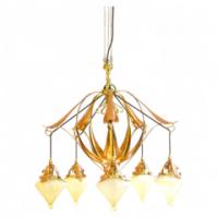 WAS Benson. A rare five arm chandelier with original James Powell Vaseline shades - Thumbnail 1