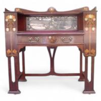 Shapland and Petter. A fantastic mahogany desk inlaid with stylised flowers of various fruit woods - Thumbnail 1