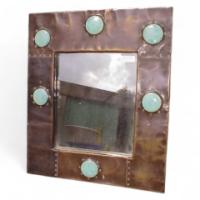 A large Arts and Crafts copper mirror with six large Ruskin roundel's. - Thumbnail 1