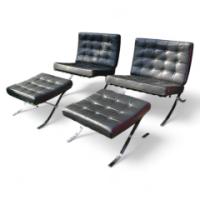 Mies Van Der Rhoe. A pair of black leather and Chrome Barcelona chairs with matching Ottomans/stools - Thumbnail 1