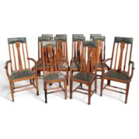 An extremely rare set of twelve Glasgow school oak dining chairs fully restored - Thumbnail 1