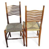 William Birch. A rare set of twelve William Birch Arts and Crafts rush seated ladder back dining chairs - Thumbnail 1