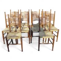 William Birch. A rare set of ten Arts and Crafts rush seated ladder back dining chairs - Thumbnail 1